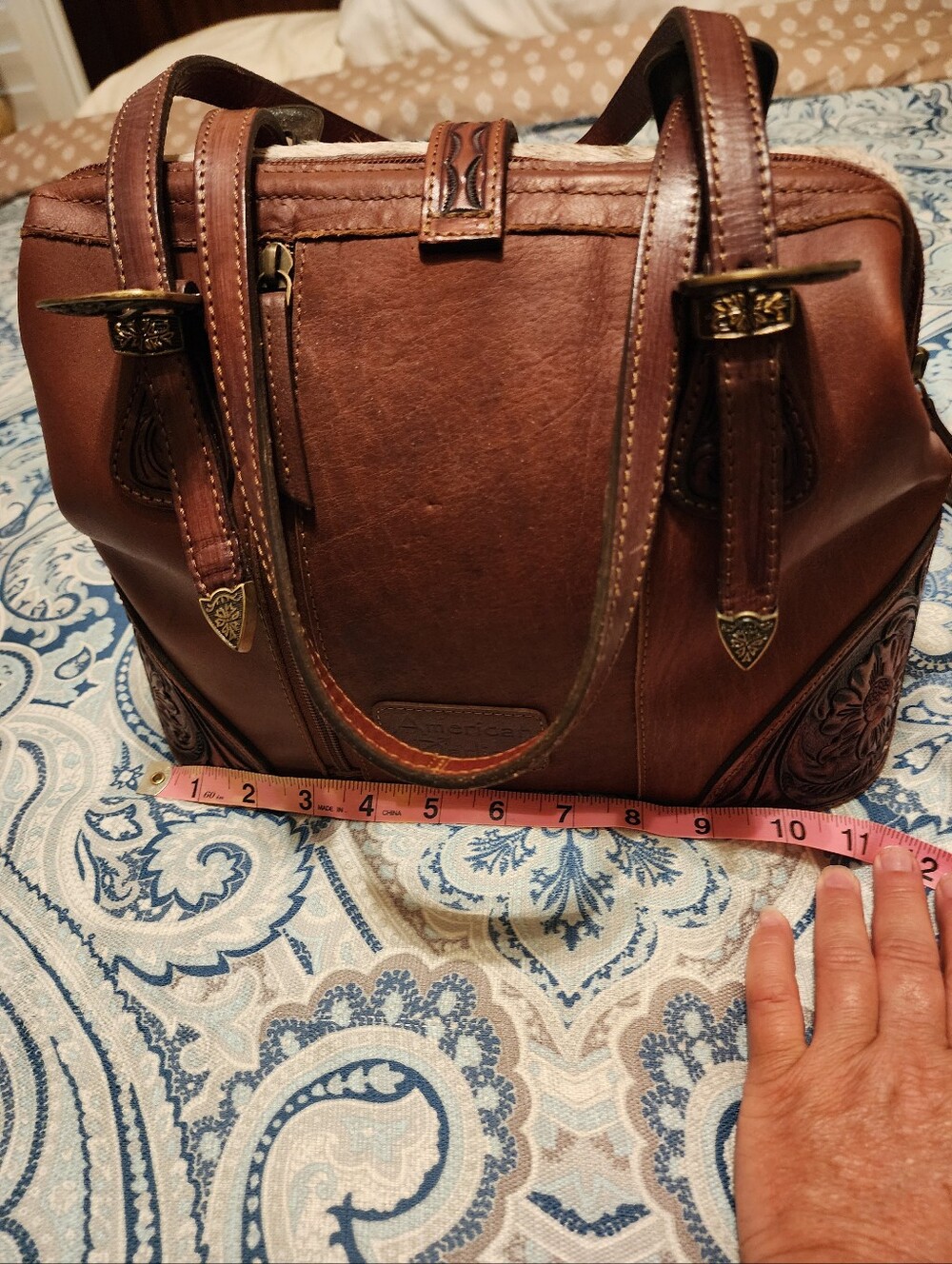 American Darling Brown Haircalf Tote with Tooled Leather Trim - Picture 7 of 16